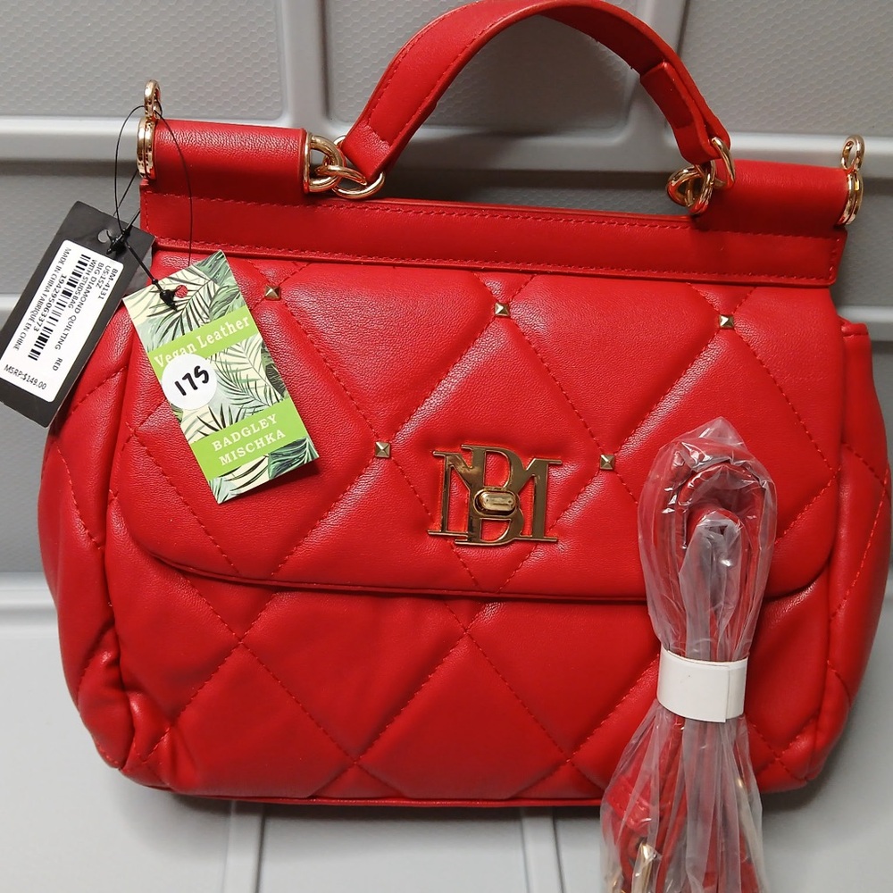 Badgley Mischka Red Quilted Satchel with Gold Hardware
